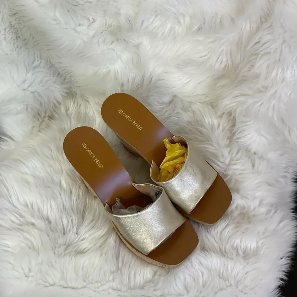 NEW Veronica Beard Gold Paulita Metallic Leather Wedge Sandals Size 10 M